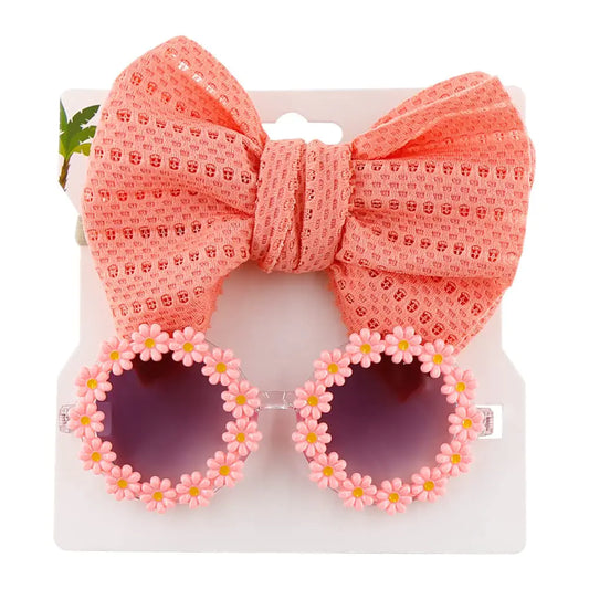 oAutoSjy Baby Girls Bow Headband & Flower Sunglasses Set Elastic Baby Hairband Cute Round Daisy Glasses Bow Hair Accessories